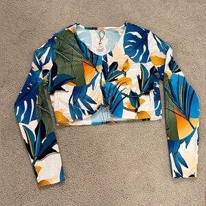 CALIA Womens Swim Collection Rash Guard Cropped With Ruching Tropical Floral NWT